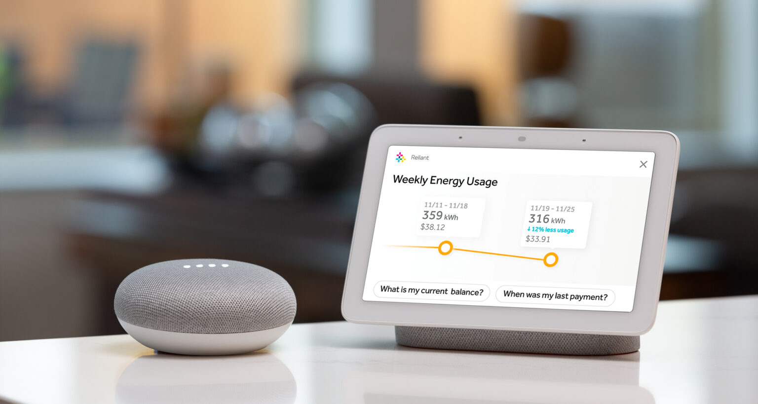 The Google Nest Hub displaying home energy data for a Reliant Energy customer. Image: Digitized House.