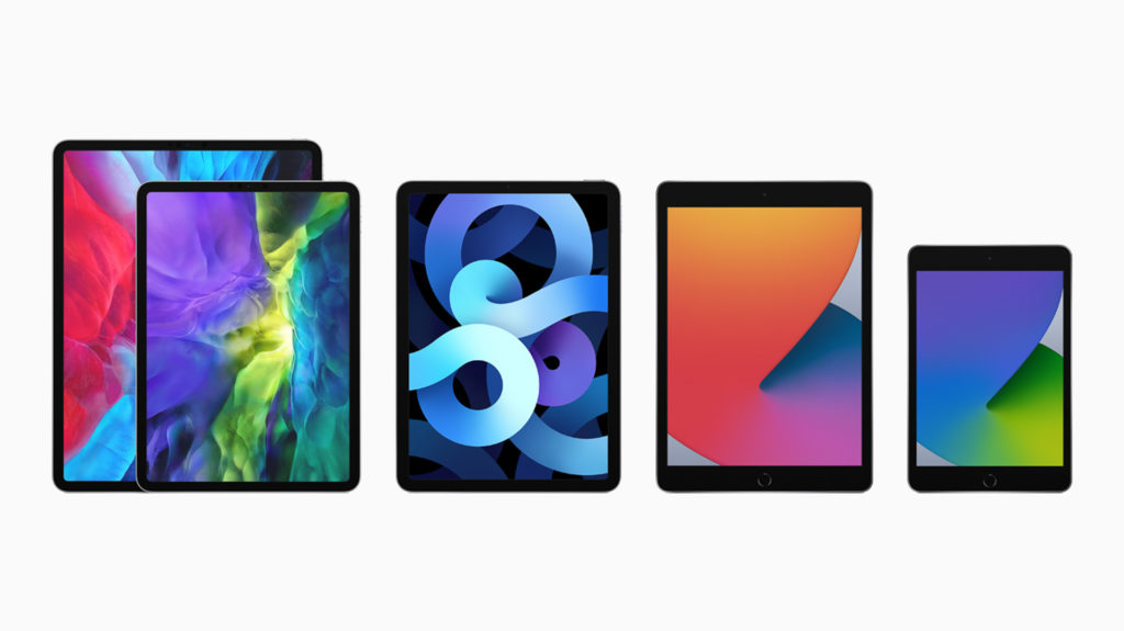 Entire Apple iPad range (left to right): iPad Pro 12.9-inch, iPad Pro 11-inch, iPad Air, iPad, and iPad Mini. Image: Apple.