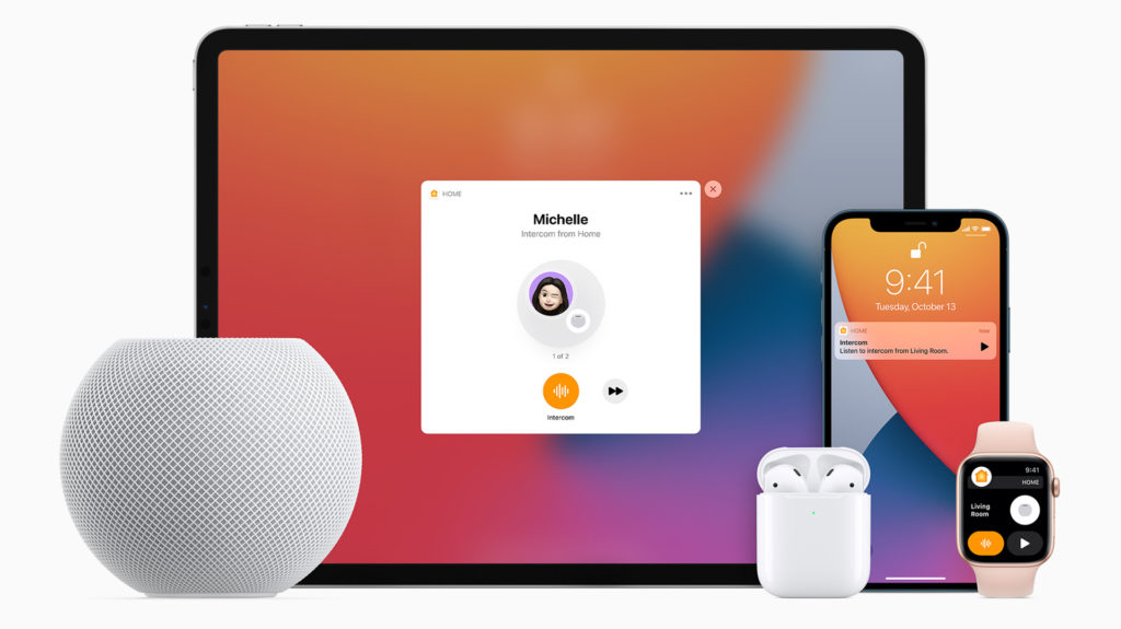 Intercom, debuting with HomePod Mini, also works across iPad, iPhone, AirPods, Apple Watch, and CarPlay. Image: Apple.