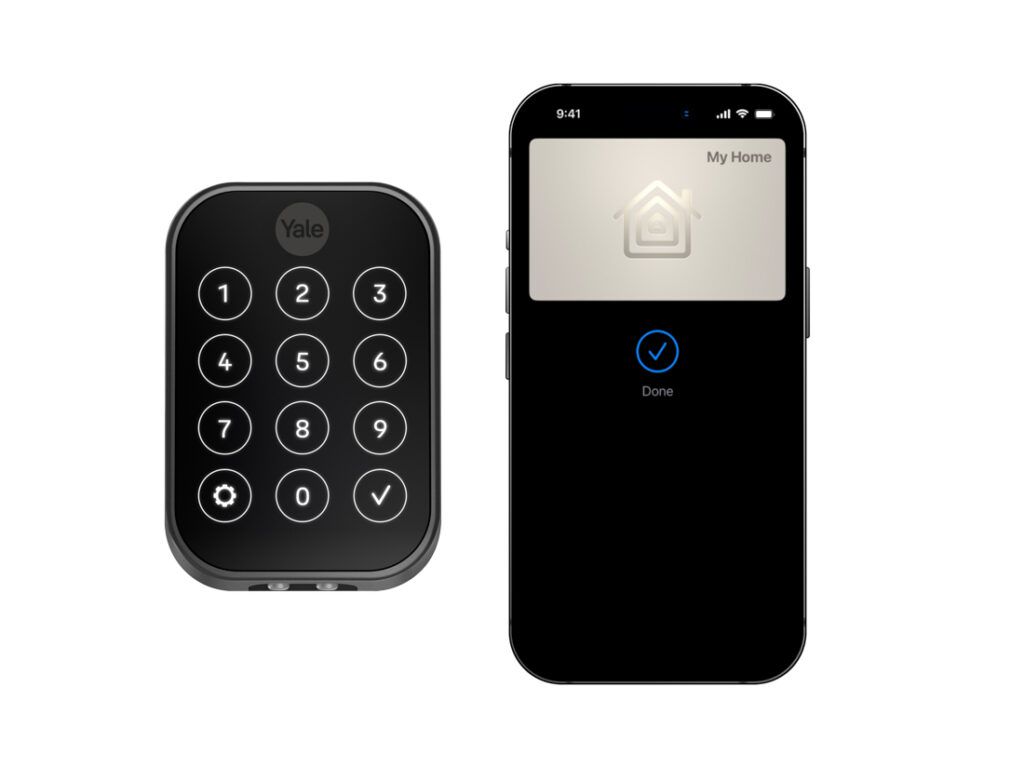 The Yale Assure Lock 2 Plus in Black Suede finish. Apple Home Key support works with Apple iPhone and Apple Watch. Image: Yale Home.