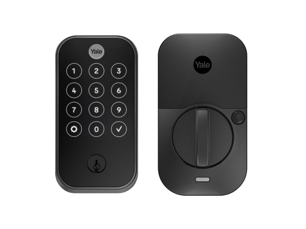 The Yale Assure Lock 2 Touch in Black Suede finish. The fingerptint reader is integrated into the Yale logo at the top of the housing. Image: Yale Home.