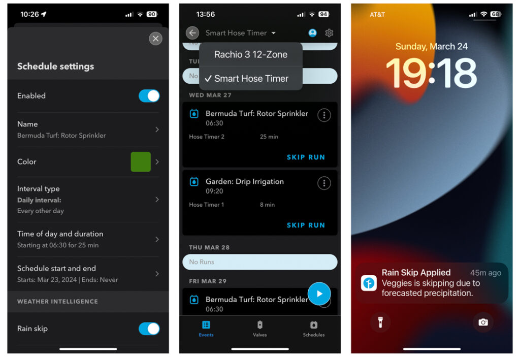 From left to right: Schedule settings panel, Events page, and iOS notification for a Rain Skip for the Rachio Smart Hose Timer.