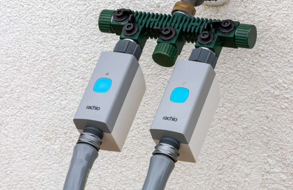 Here, we doubled up on our Rachio Smart Hose Timers by using a third-party hose manifold