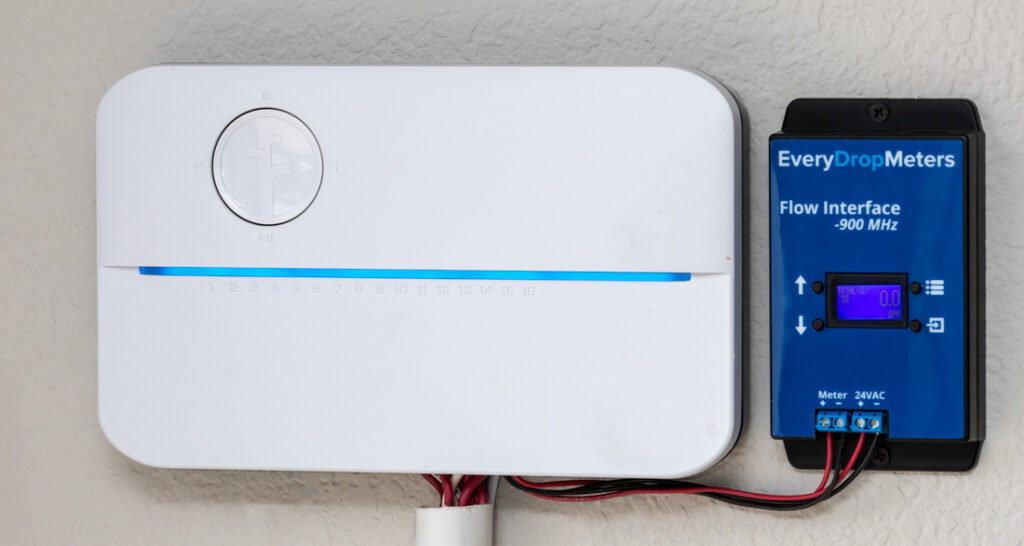As part of the Rachio system, the Smart Hose Timer system works seamlessly within the Rachio app alongside the Rachio 3 Smart Sprinkler Controller (left) and supported third-party accessories such as the EveryDropMeters Wireless flow meter (right).